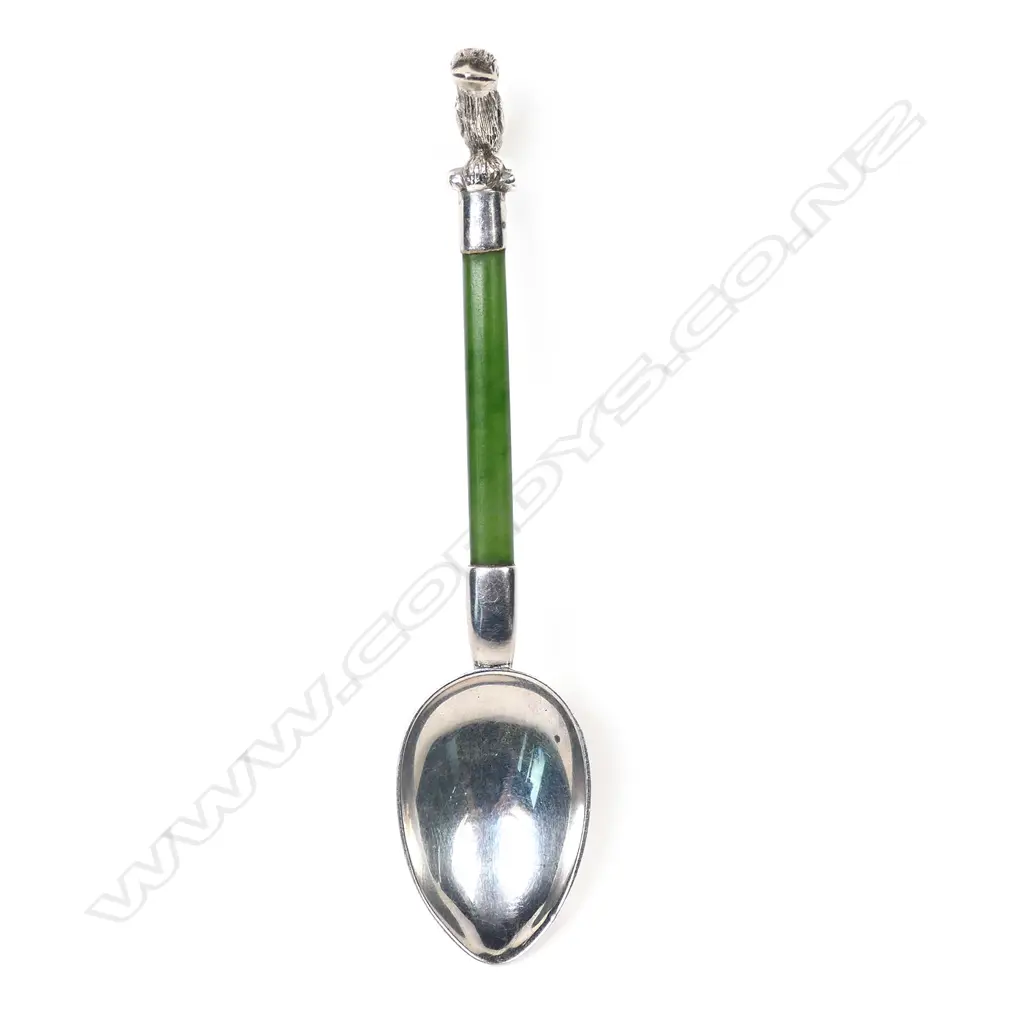 Frank Hyams (Dunedin) silver and pounamu teaspoon, Image 1++
